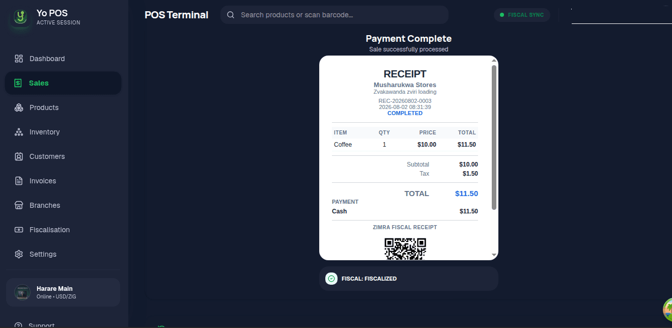 Yo POS ZIMRA fiscal compliance interface