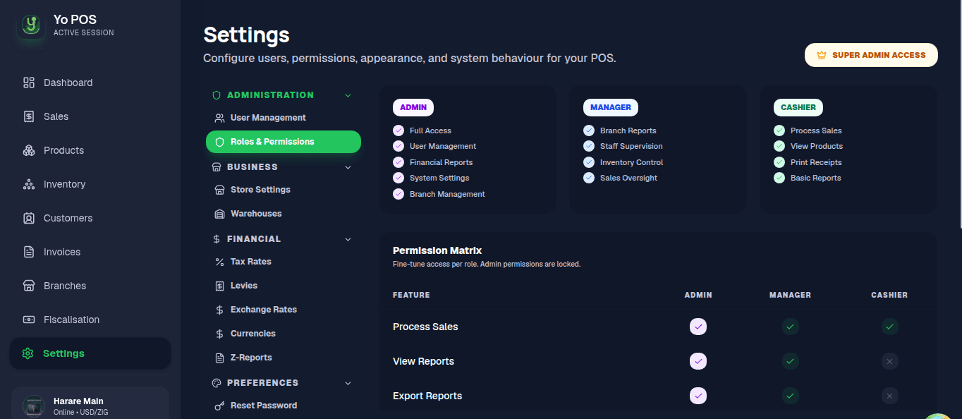 Yo POS role-based staff management interface