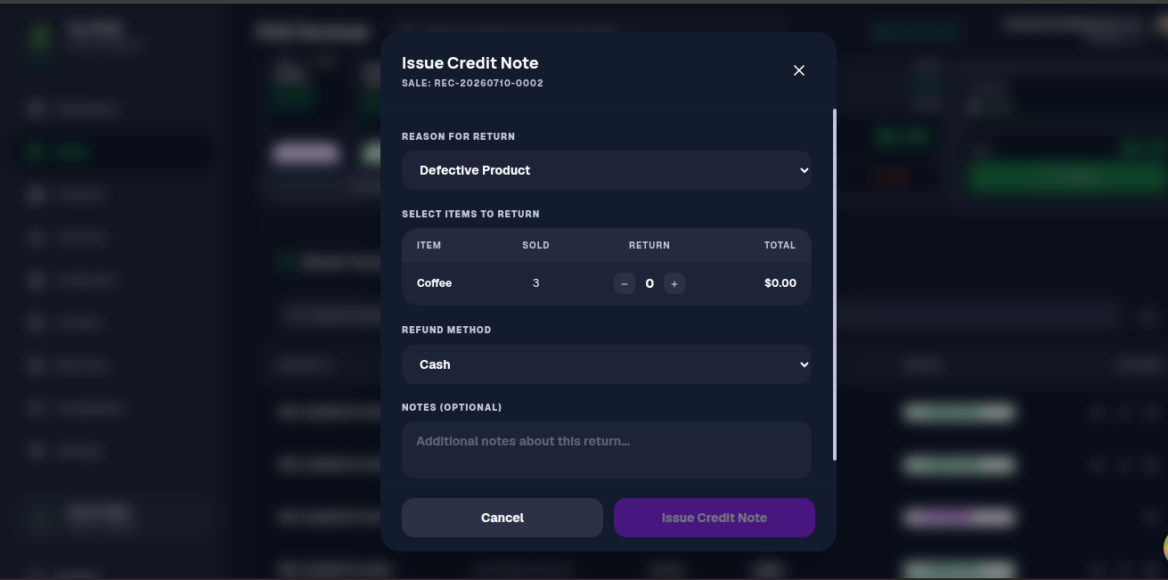 Yo POS credit notes and returns interface